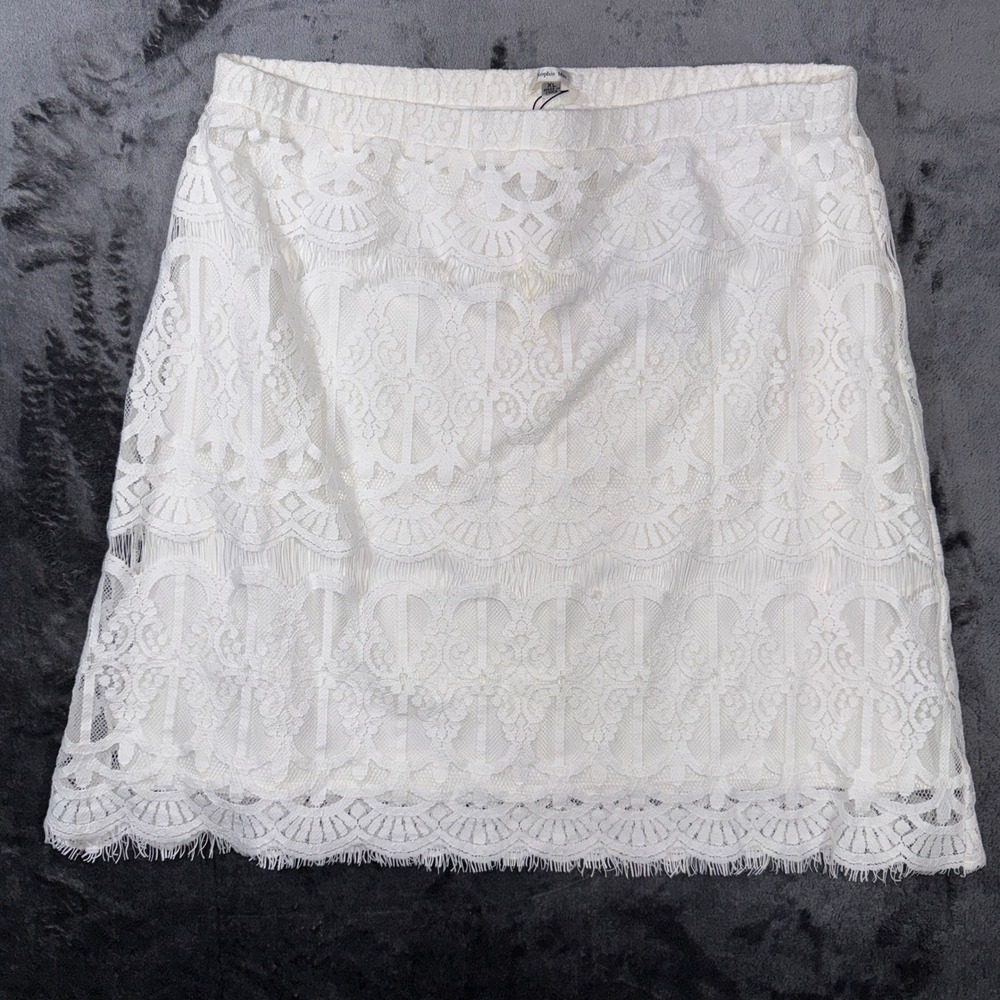 Sophie Max White Lace Mini Skirt Eyelash Fringe Hem XL New